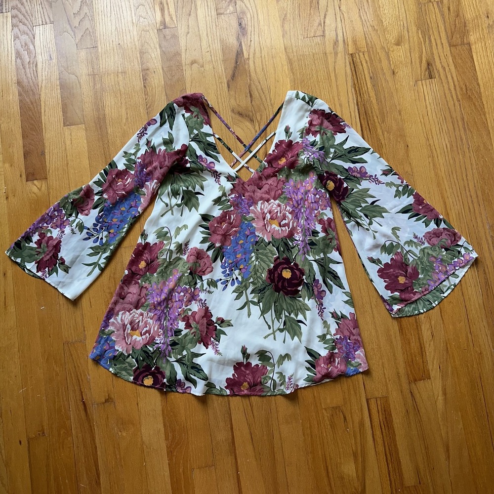 Show Me Your Mumu Dress XS White Pink Floral Joni Flow Bell Sleeve Boho Coquette